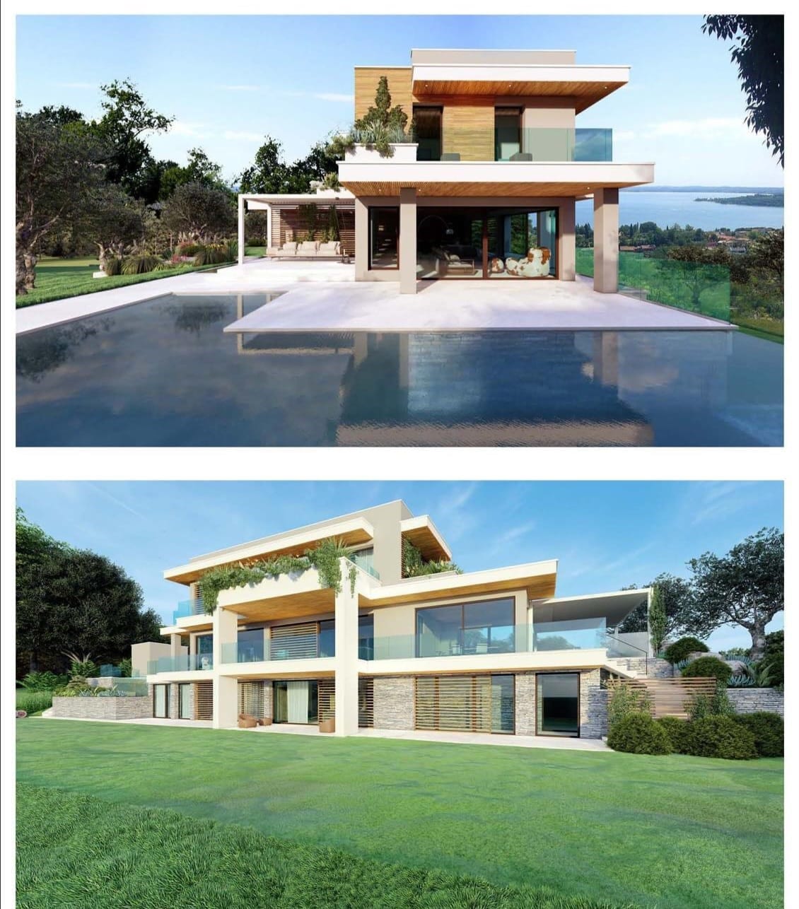 Render di progetto: la villa con piscina e grandi vetrate minimal vista dal fronte lago e dal giardino, Lonato del Garda