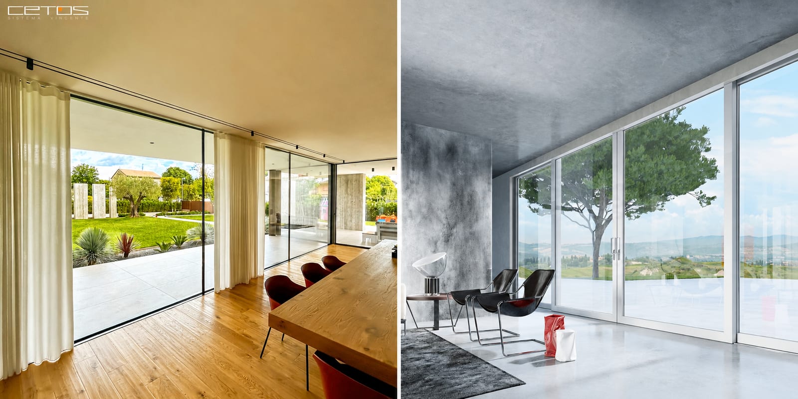 Vetrata scorrevole in alluminio a profili ultrasottili a confronto con portafinestra scorrevole in PVC bianco
